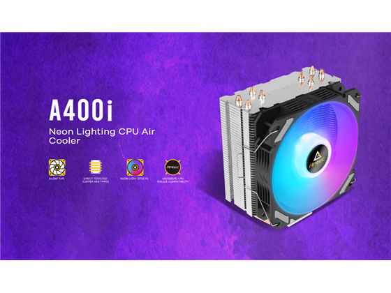 ABANICO ANTEC PARA CPU A400I. ENFRIADOR DE AIRE. CUENTA CON CUATRO TUBOS DE CALOR DE CONTACTO DIRECTO PARA MAYOR EFICIENCIA. VENTILADOR SILENCIOSO DE 92MM CON ILUMINACIÓN LED AZUL. VELOCIDAD DEL VENTILADOR: 800 - 2200 RPM ± 10%. FLUJO DE AIRE MÁXIMO: 38.0 CFM. NIVEL DE RUIDO: 23.5 DBA. COMPATIBLE CON SOCKETS INTEL LGA 775 / 115X / 1200 / 1700 / 1366 Y AMD FM1 / AM3+ / AM3 / AM2+ / AM2 / AM4 / AM5. TDP MÁXIMO DE 120W.