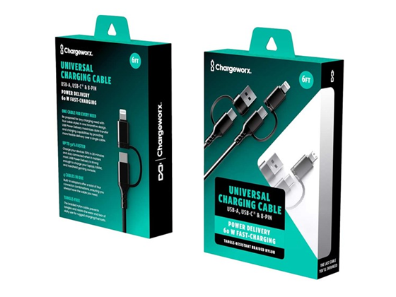 CABLE UNIVERSAL CHARGEWORX , 60 W, 4 EN UNO, 6 FT, USB C, USB A, NEGRO, SMARTPHONES & TABLETS.