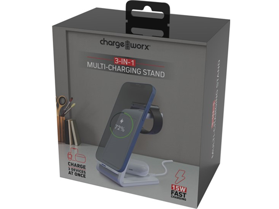 BASE DE CARGA MULTIPLE INALÁMBRICO CHARGEWORX 3 EN 1  PARA SMARTPHONES, SMARTWATCH Y IPODS, CARGA RAPIDA 15W, LUZ DE CARGA, MONTAJE FELXIBLE, QI COMPATIBLE. COLOR BLANCO (CX5205WH)