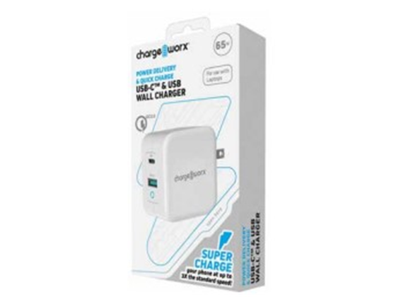 CARGADOR DE PARED DUAL USB Y USB TYPE-C  CHARGEWORX PARA SMARTPHONES & TABLETS,PD 65W, BLANCO.