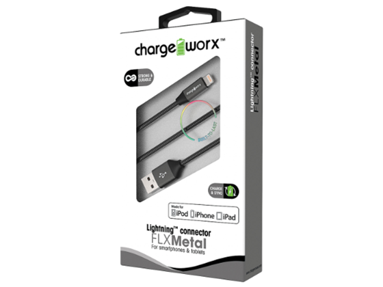 CABLE PARA SMARTPHONES & TABLETS, LIGHTNING CHARGEWORX FLX, 3FT, NEGRO, METALICO
