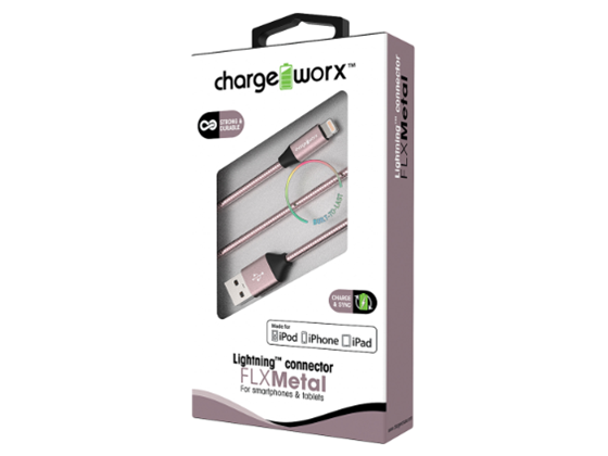 CABLE PARA SMARTPHONES & TABLETS, LIGHTNING CHARGEWORX FLX, 3FT, ORO ROSA, METALICO