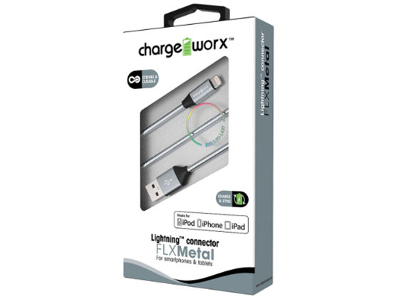 CABLE PARA SMARTPHONES & TABLETS, LIGHTNING CHARGEWORX FLX, 3FT, PLATEADO, METALICO