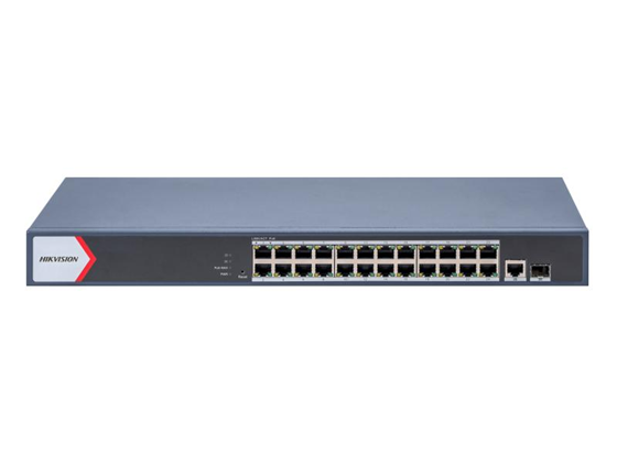 SWITCH 24 PUERTOS HIKVISION, 24 × GIGABIT POE, 300M (CAMARA), 1 PUERTOS SFP