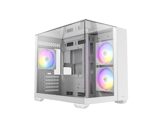 CASE GAMING ANTEC MICRO-TOWER. COLOR BLANCO. PANEL FRONTAL DE MALLA DE ALTO FLUJO. PANEL LATERAL COMPLETO DE VIDRIO TEMPLADO. INCLUYE TRES VENTILADORES ARGB DE 120MM PREINSTALADOS (DOS INFERIORES, UNO TRASERO). GESTIÓN DE CABLES: 24MM. CONECTIVIDAD FRONTAL: DOS PUERTOS USB 3.0, UN PUERTO USB 2.0 Y AUDIO HD. SOPORTA PLACAS BASE MICRO-ATX E ITX. ALTURA MÁXIMA DISIPADOR CPU: 160MM. LONGITUD MÁXIMA GPU: 330MM. CAPACIDAD PARA DOS UNIDADES DE 3.5" Y DOS UNIDADES DE 2.5". FUENTE DE PODER ATX (HASTA 160MM CON HDD). FILTRO DE POLVO MAGNÉTICO SUPERIOR.