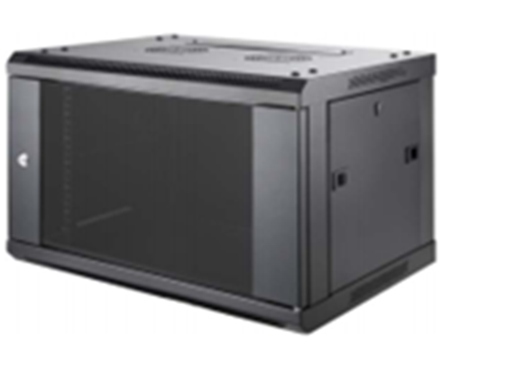 GABINETE DE PARED AGILER 12U, 19" 600 X 450, PUERTA FRONTAL CON CRISTAL TEMPLADO CON CERRADURA, BLACK, PANELES LATERALES ABIERTOS, NO ABANICO.