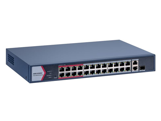 SWITCH 24 PUERTOS HIKVISION, POE+, 2 PUERTOS POE HASTA 300 METROS, 10/100 MBPS.