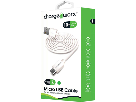 CABLE MICRO USB PARA SMARTPHONES & TABLETS, CHARGEWORX, 10FT, BLANCO (CX4605WH)