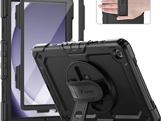 COVER TIMECITY PARA SAMSUNG GALAXY TAB A9+/ A9 PLUS CASE 11" 2023, ESTUCHE DE TRES CAPAS, SOPORTE GIRATORIO, CORREA DE MANO, STYLUS PENCIL HOLDER, PROTECTOR DE PANTALLA, NEGRO