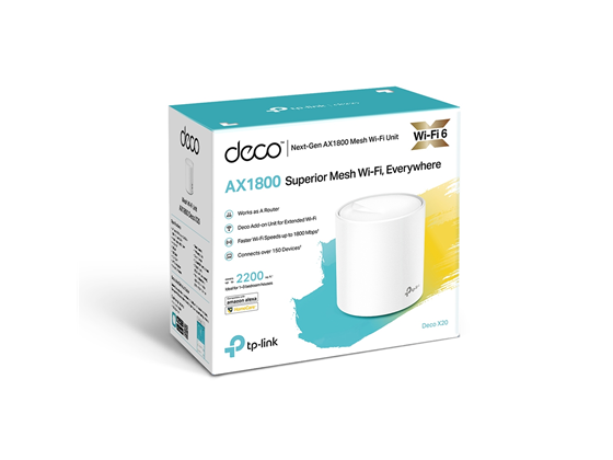 ROUTER DECO X20(1-PACK) TP-LINK, AX1800, WI-FI 6 (802.11AX), DISEÑADO PARA CUBRIR HASTA 200 M² (APROXIMADAMENTE 2,000 PIES CUADRADOS, 1.8 GBPS, 2.4 GHZ, CAPACIDAD PARA MÚLTIPLES DISPOSITIVOS, ANTIVIRUS, CONTROLES PARENTALES, Y QOS