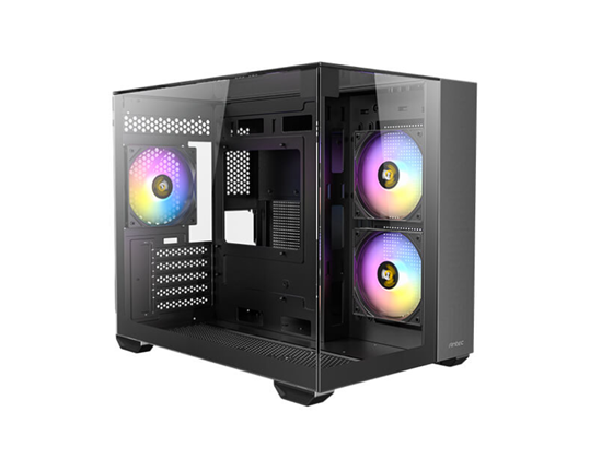 CASE GAMING ANTEC MICRO-TOWER. COLOR NEGRO. PANEL FRONTAL DE MALLA DE ALTO FLUJO. PANEL LATERAL COMPLETO DE VIDRIO TEMPLADO. INCLUYE TRES VENTILADORES ARGB DE 120MM PREINSTALADOS (DOS INFERIORES, UNO TRASERO). GESTIÓN DE CABLES: 24MM. CONECTIVIDAD FRONTAL: DOS PUERTOS USB 3.0, UN PUERTO USB 2.0 Y AUDIO HD. SOPORTA PLACAS BASE MICRO-ATX E ITX. ALTURA MÁXIMA DISIPADOR CPU: 160MM. LONGITUD MÁXIMA GPU: 330MM. CAPACIDAD PARA DOS UNIDADES DE 3.5" Y DOS UNIDADES DE 2.5". FUENTE DE PODER ATX (HASTA 160MM CON HDD). FILTRO DE POLVO MAGNÉTICO SUPERIOR.