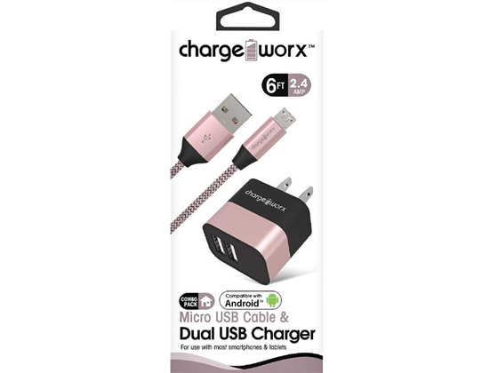 CARGADOR DE PARED + CABLE MICRO USB, DUAL USB (2.4AMP) CHARGEWORX PARA SMARTPHONES & TABLETS, 6FT, ORO ROSA, COMPATIBLE CON ANDROID