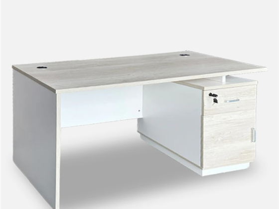 ESCRITORIO MYO CON BASE DE METAL, 3 CAJONES, GESTION DE CABLES, COLOR BEIGE Y BLANCO