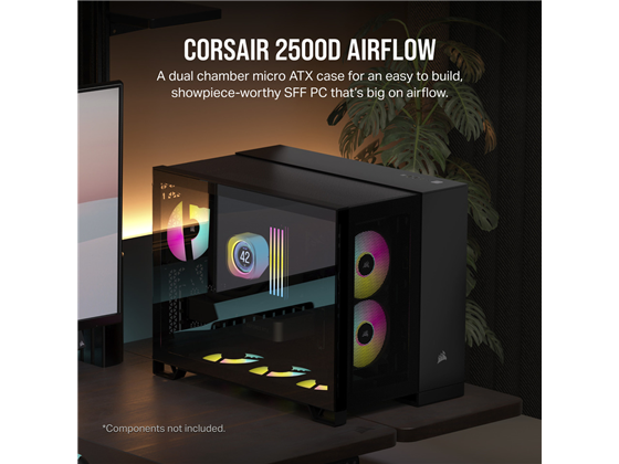 CASE CORSAIR 2500D AIRFLOW MID TOWER DUAL CHAMBER, SOPORTA MOTHERBOARD MATX & MITX, NEGRO, USB-A 3.2 GEN 1 X2, USB-C GEN 2 AUDIO IN / OUT, 2X 2.5" SSDS - 2X 3.5" HDDS, PANEL LATERAL CRISTAL TEMPLADO, SOPORTA POWER SUPPLY ATX (CC-9011263-WW)