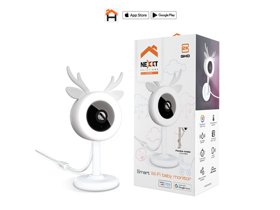 CAMARA DE VIGILANCIA NEXXT MONITOR DE BEBE, SMART, WIFI CON LUCES LED RGB Y SENSOR TEMPERATURA, SENSOR DE HUMEDAD (HOME AUTOMATION, DETECTA CUANDO LLORA, 2K 4MP, FIJA, DIA Y NOCHE, MICRO SD, COMINICACION DOBLE VIA, (NHC-B100)
