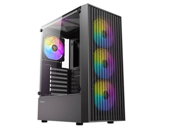 CASE GAMING ANTEC MID-TOWER, COLOR NEGRO. DISEÑO DE PANEL FRONTAL COMPLETO DE MALLA PARA MÁXIMO FLUJO DE AIRE. INCLUYE CUATRO VENTILADORES FRGB DE 120MM PREINSTALADOS. PANEL LATERAL DE VIDRIO TEMPLADO DE MEDIA VISTA. CONECTIVIDAD FRONTAL: DOS PUERTOS USB 2.0, UN PUERTO USB 3.0 Y CONEXIÓN DE AUDIO HD. SOPORTA PLACAS BASE ATX, MICRO-ATX E ITX. ALTURA MÁXIMA DEL DISIPADOR DE CPU: 155MM. LONGITUD MÁXIMA DE GPU: 295MM (SIN VENTILADOR FRONTAL) / 270MM (CON VENTILADOR FRONTAL). ESPACIO PARA DOS UNIDADES DE 3.5" Y TRES UNIDADES DE 2.5". FUENTE DE PODER COMPATIBLE: ATX (HASTA 170MM CON HDD / 295MM SIN HDD).
