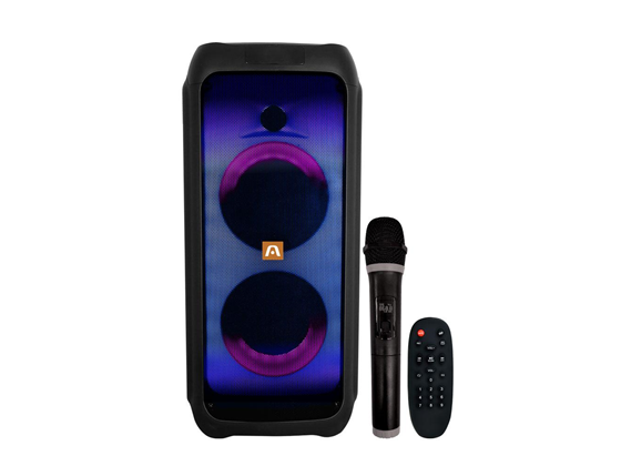 BOCINA ARGOM RAVE 65 TWS WIRELESS BT PARTY SPEAKER WITH  LED LIGHTS, 600W P.M.P.O, WIRELESS BT SPEAKER, 1/4 "ENTRADA DE MICRÓFONO PARA KARAOKE, MICROFONO, CONTROL REMOTO, MICROSD USB, NEGRO.
