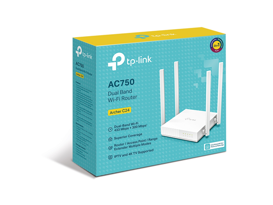 ROUTER INALÁMBRICO AC24 TP-LINK , DUAL BAND, WI-FI 5 (802.11AC), 433 MBPS (5 GHZ) + 300 MBPS (2.4 GHZ),  1 PUERTO WAN, 4 PUERTOS LAN, 4 ANTENAS FIJAS.