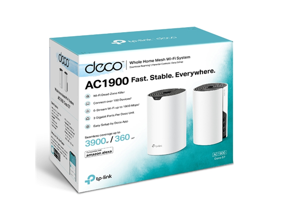 ROUTER DECO S7 (2-PACK) TP-LINK, AC1900, WI-FI 5 (802.11AC), 1.9 GBPS (600 MBPS EN 2.4 GHZ + 1300 MBPS EN 5 GHZ), DISEÑADO PARA CUBRIR HASTA 370 M² (APROXIMADAMENTE 4,000 PIES CUADRADOS), CAPACIDAD PARA MÁS DE 100 DISPOSITIVOS.