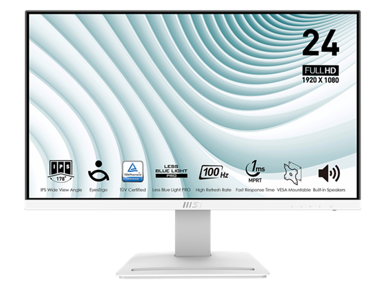 MONITOR MSI PRO MP243XW, 24", 100 HZ, IPS PANEL 178 ANGLE, 1X HDMI, 1X DISPLAYPORT 1.2A, 1X DC JACK, IPS, FHD, 1920 X 1080, TECNOLOGIA EYESERGO, AMD FREESYNC, COLOR BLANCO