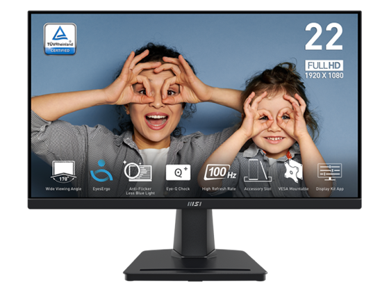 MONITOR MSI PRO MP225V, 22" (21.45), 100 HZ, VA PANEL, 1X HDMI, X VGA, FHD, 1920 X 1080, TECNOLOGIA EYESERGO, EYE CARE PANEL