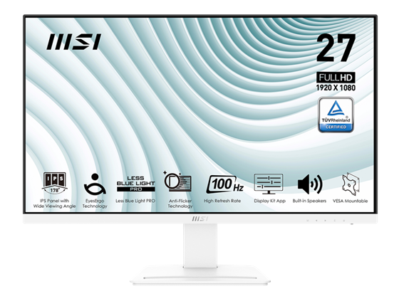 MONITOR MSI PRO MP273AW, 27", 100 HZ, IPS PANEL 178 ANGLE, 1X HDMI, 1X DISPLAYPORT 1.2A, 1X DC JACK, 1X VGA, 1X LINE-IN, IPS, FHD, 1920 X 1080, TECNOLOGIA EYESERGO.