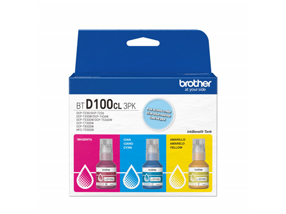 KIT DE 3 BOTELLAS DE TINTA BROTHER  - BTD100CL3PK  - COLOR (C/M/Y) - 108.0ML - PARA IMPRESORA DCP-T230, DCP-T236, DCP-T430W, DCP-T436W, DCP-T530DW, DCP-T536DW, DCP-T730DW, DCP-T830DW Y MFC-T930DW.