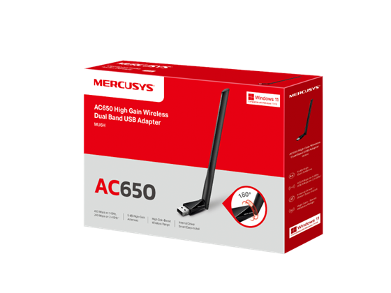ADAPTADOR INALÁMBRICO TP-LINK MERCUSYS MU6H USB2.0 DUAL BAND AC650 CON ANTENA DE ALTA GANANCIA, INTERFAZ DE ENTRADA: 1 PUERTO USB2.0, INTERFAZ DE SALIDA: CONEXIÓN WI-FI INALÁMBRICA DUAL BAND.