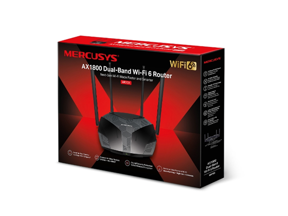 ROUTER WIRELESS TP-LINK MERCUSYS MR70X AX1800 (WI-FI6), 2.4GHZ/574MBPS, 5GHZ/1201MBPS, 1 PUERTO WAN GIGABIT + 3 PUERTOS LAN GIGABIT, IEEE802.11AX/AC/A/B/G/N, MU-MIMO 4 ANTENAS EXTERNAS DE ALTA GANANCIA.