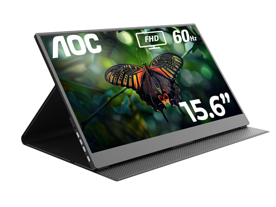 MONITOR AOC 15.6" (PORTATIL O PORTABLE) FHD (1920 × 1080), PANEL IPS, 60 HZ, 20 MS, 2 × PUERTOS USB-C (ALIMENTACIÓN Y VIDEO), 1 × MINI HDMI, ALTAVOCES INTEGRADOS (2 × 1W).
