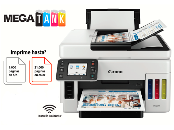 IMPRESORA CANON MAXIFY GX6110 MEGATANK, SISTEMA TINTA CONTINUA, COLOR, 45PPM EN NEGRO Y 24PPM A COLOR, ADF (50 HOJAS), IMPRESION DUPLEX EN UNA PASADA, ESCANEO DUPLX, WIFI, ENTHERNET, BANDEJA FRONTAL (250 HOJAS) Y BANDEJA SUPERIOR (100 HOJAS), IMPRIME HASTA 9,000 PAGINAS EN NEGRO (MODO ECO) Y 21,000 EN COLOR. CABEZAL Y CARTUCHO MANTENIMIENTO REMPLAZABLES (MC-G01). CICLO MENSUAL HASTA 45,000 IMPRESIONES.