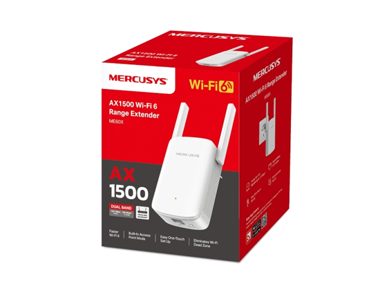 EXTENSOR DE RED WIRELESS TP-LINK MERCUSYS ME60X, WI-FI 6 AX1500 (1201?MBPS EN 5?GHZ / 300?MBPS EN 2.4?GHZ), EXTENSOR Y PUNTO DE ACCESO (RE/AP), ANTENAS AJUSTABLES DE ALTA GANANCIA, PUERTO ETHERNET GIGABIT, EASYMESH.