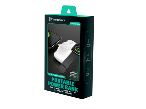 CARGADOR MOVIL (POWER BANK)  CHARGEWORX, 5,000MAH, CARGA RAPIDA, COMPATIBLE CON APPLE WATCH, ENTRADA 5V/2A, SALIDA 5V/2A. CABLE C PARA OTRO DISPOSITIVO. COLOR BLANCO. (CX6898WH)