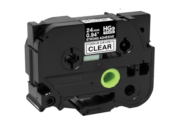 CINTA BROTHER HGE-S151 0.94" – TEXTO NEGRO SOBRE FONDO TRANSPARENTE, ADHESIVO EXTRA FUERTE, DIMENSIONES: 0.94" X 26.2'. USO EN INTERIORES Y EXTERIORES, RESISTENTE A TEMPERATURAS EXTREMAS. COMPATIBLE CON IMPRESORAS P-TOUCH.