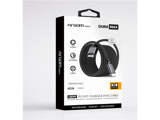 CABLE TIPO-C A TIPO-C ARGOM DE CARGA Y SINCRONIZACIÓN ULTRA RÁPIDA 100W, USB4, NYLON TRENZADO, CARCASA DE ALUMINIO, CHIPSET E-MARK, TRANSFERENCIA 40GBPS, SOPORTE VÍDEO 8K@60HZ, 1.8M / 6FT, NEGRO.