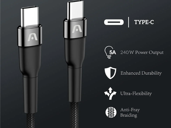 CABLE TIPO-C A TIPO-C ARGOM DE CARGA Y SINCRONIZACIÓN ULTRA RÁPIDA 240W, 5A, NYLON TRENZADO, TERMINALES 6X REFUERZADAS, CARCASA ABS PREMIUM, FLEXIBLE, 480MBPS, 3?M / 10?FT, NEGRO.