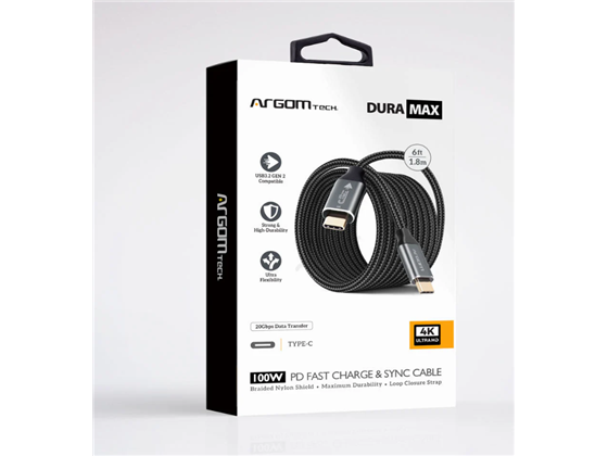 CABLE TIPO-C A TIPO-C ARGOM DE CARGA Y SINCRONIZACIÓN ULTRA RÁPIDA 100W, USB 3.2 GEN2, NYLON TRENZADO, CARCASA DE ALUMINIO, CHIPSET E-MARK, FLEXIBLE, TRANSFERENCIA 20GBPS, 1.8?M / 6?FT, NEGRO.