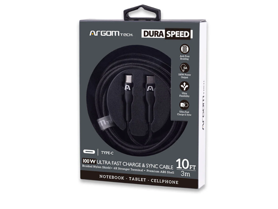 CABLE TIPO-C A TIPO-C ARGOM DURA SPEED, 3M/10FT, 100W, 5A, NYLON TRENZADO, FLEXIBLE, REFUERZO ANTIRRUPTURA, NEGRO.