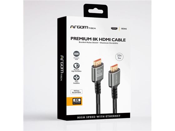 CABLE HDMI ARGOM PREMIUM, 10 PIES NEGRO 8K 60HZ, NAILON TRENZADO, ETHERNET, CONECTORES CHAPADOS EN ORO, ANCHO DE BANDA 48GBPS. (ARG-CB-1883)