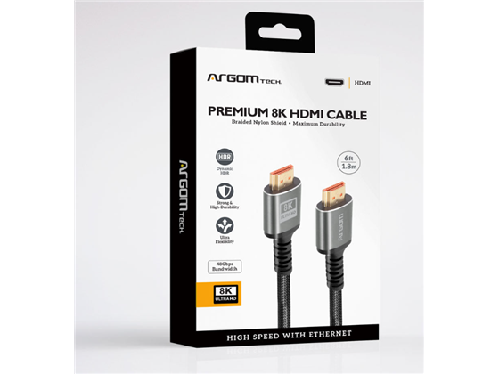 CABLE HDMI ARGOM PREMIUM, 6 PIES NEGRO 8K 60HZ, NAILON TRENZADO, ETHERNET, CONECTORES CHAPADOS EN ORO, ANCHO DE BANDA 48GBPS. (ARG-CB-1882).