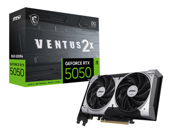 TARJETA DE VIDEO MSI GEFORCE RTX 5050 8G VENTUS 2X OC, PCI EXPRESS GEN 5, 2617 MHZ, 20 GBPS, 8GB GDDR6, 128-BIT, 8 PIN CONNECTOR, DISPLAYPORT X 3 (V2.1B), HDMI X 1(SUPPORTS 4K @ 480HZ - 8K @ 120HZ DSC, GAMING VRR, HDR)