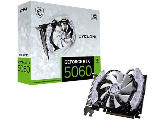 TARJETA DE VIDEO MSI GEFORCE RTX 5060 8G CYCLONE OC, PCI EXPRESS GEN 5, 3840 MHZ, 8GB GDDR7, 128-BIT, 8 PIN CONNECTOR, DISPLAYPORT X 3 (V2.1B), HDMI X 1(SUPPORTS 4K @ 480HZ - 8K @ 120HZ DSC, GAMING VRR, HDR)