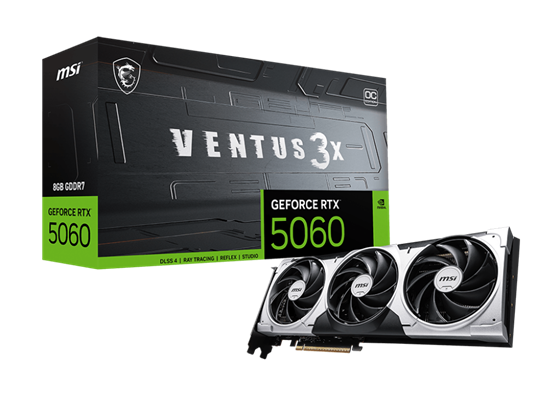TARJETA DE VIDEO MSI GEFORCE RTX 5060 8G VENTUS 3X OC, PCI EXPRESS GEN 5, 3840 MHZ, 8GB GDDR7, 128-BIT, 8 PIN CONNECTOR, DISPLAYPORT X 3 (V2.1B), HDMI X 1(SUPPORTS 4K @ 480HZ - 8K @ 120HZ DSC, GAMING VRR, HDR)