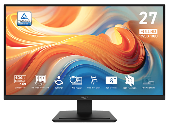 MONITOR MSI PRO MP273L E14, 27", FLAT, FHD (1920 X 1080) , 144 HZ, IPS, HDR, 1 X HDMI 2.0B , 1 X VGA,  1 X HEADPHONE-OUT, TECNOLOGIA EYESERGO, COLOR NEGRO