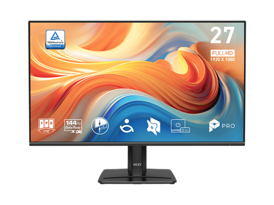 MONITOR MSI PRO MP271 E14A, 27", FLAT, FHD (1920 X 1080) , 144 HZ, IPS, HDR, 1 X DISPLAYPORT 1.2A, 1 X HDMI 2.0B , 1 X VGA,  1 X HEADPHONE-OUT, TECNOLOGIA EYESERGO, COLOR NEGRO