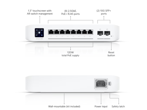 SWITCH UBIQUITI ENTERPRISE CON 8 PUERTOS RJ45 A 2.5 GBE, TODOS CON CAPACIDAD POE+ (30W) Y UNA POTENCIA TOTAL DISPONIBLE DE 120W. CUENTA CON 2 PUERTOS SFP+ DE 10 GBE PARA UPLINK, FUNCIONALIDAD LAYER 3 Y DISEÑO COMPACTO (NO RACKEABLE). OFRECE UNA CAPACIDAD DE CONMUTACIÓN DE 66 GBPS, CON UN THROUGHPUT NO BLOQUEANTE DE 33 GBPS Y UNA TASA DE REENVÍO DE 49.1 MPPS.