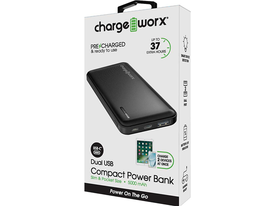 CARGADOR MOVIL (POWER BANK) CHARGEWORX, 5,000 MAH, DUAL USB, ENTRADA USB-C Y USB-A, COLOR NEGRO