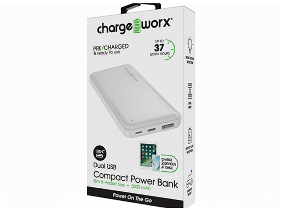 CARGADOR MOVIL (POWER BANK) CHARGEWORX, 5,000 MAH, DUAL USB, ENTRADA USB-C Y USB-A