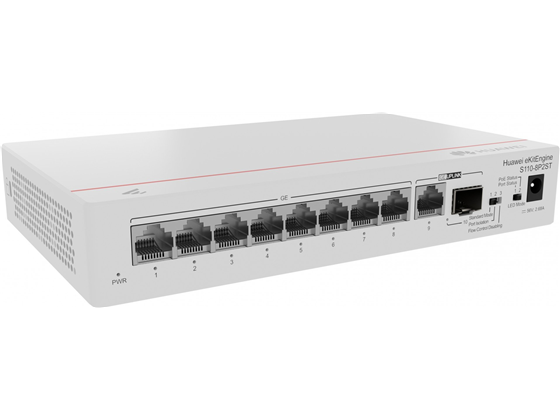 SWITCH 8 PUERTOS HUAWEI S110-8P2ST, NO ADMINISTRABLE, 20 GBPS, 8 X PUERTOS GE POE LAN (124W POE+), 1 X PUERTOS GE SFP Y 1 X PUERTO GE (UPLINK), RENDIMIENTO 14.88 MPPS, IP20