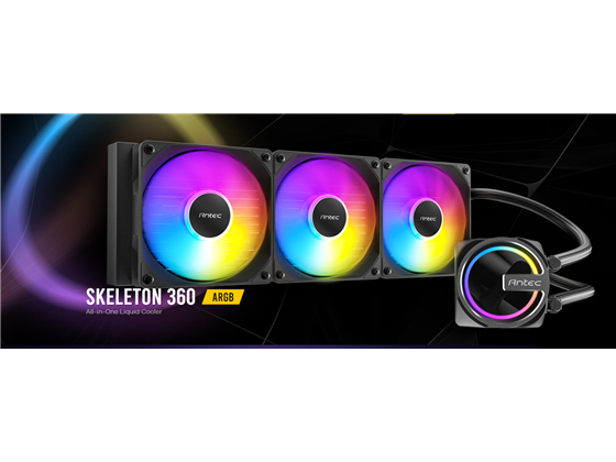ABANICO PARA CPU ANTEC SKELETON-360 ARGB (LIQUID COOLING) 360MM, INCLUYE TRES ABANICOS ARGB PWM DE 120MM HASTA 2000 RPM, DISEÑO DE LA BOMBA SKELETON-FRAME CON BASE DE COBRE PARA MÁXIMA DISIPACIÓN, COMPATIBLE CON SOCKETS INTEL LGA 1700, 1200, 115X, SOCKET AMD AM5, AM4.